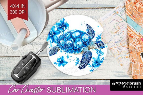 Download Sea Turtle Blue Floral Car Coaster PNG - Car coaster png Collection